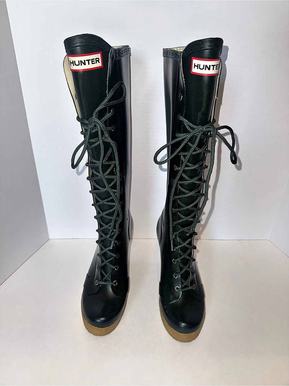 Rare Vintage Hunter Lapin Lace-Up High Heel Rain Boots Black & Brown